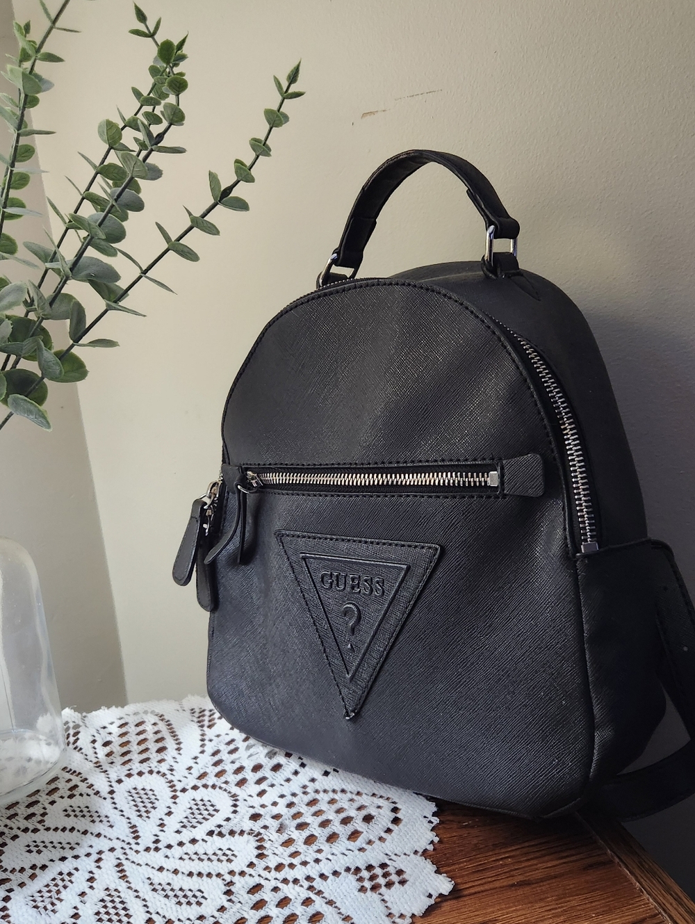 Womens Black Leather Guess Mini Backpack Travel Bag